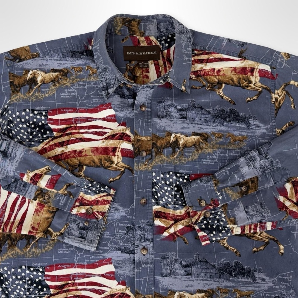 Bit & Bridle Mens L Patriotic Horse American Flag Western Button Up Shirt - Picture 4 of 6
